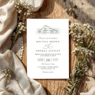 Line Art Rustic Barn Sage Green QR Code Wedding Invitation