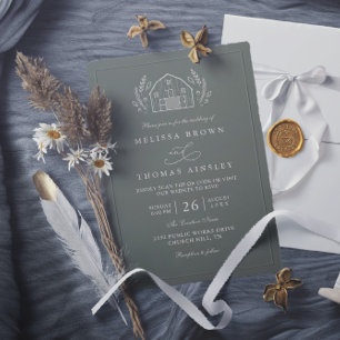 Line Art Rustic Barn Sage Green QR Code Wedding Invitation