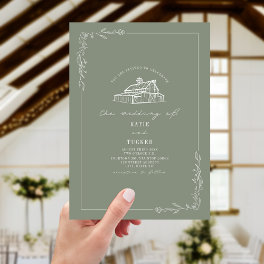 Line Art Rustic Barn Sage Green Wedding Invitation