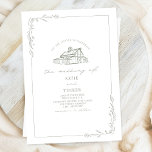 Line Art Rustic Barn Sage Green White Wedding  Invitation<br><div class="desc">Illustration of barn at top with line art botanical border in sage green.  Background is white.</div>