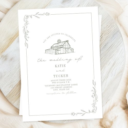 Line Art Rustic Barn Sage Green White Wedding  Invitation