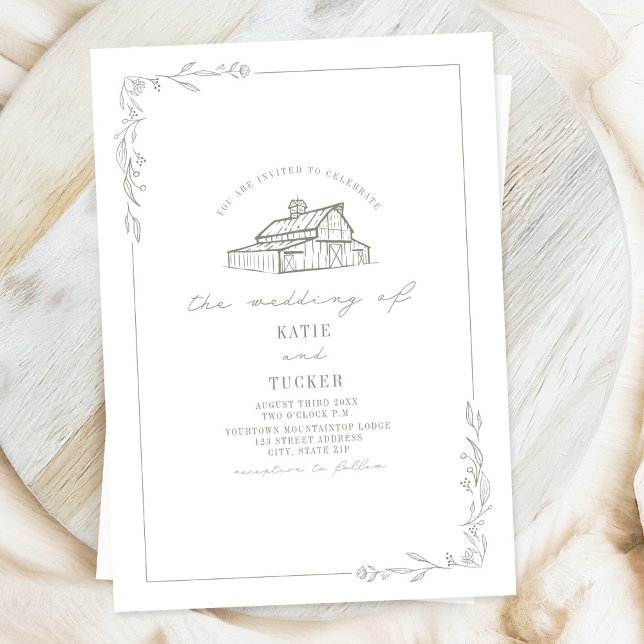 Line Art Rustic Barn Sage Green White Wedding  Invitation (Creator Uploaded)