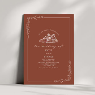 Line Art Rustic Barn Terracotta Wedding Invitation
