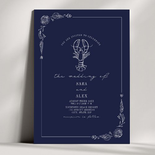 Line Art Rustic Navy Blue Lobster Beach Wedding  Invitation