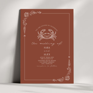 Line Art Rustic Terracotta Crab Beach Wedding Invitation