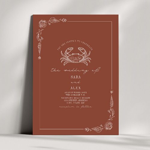 Line Art Rustic Terracotta Crab Beach Wedding  Invitation