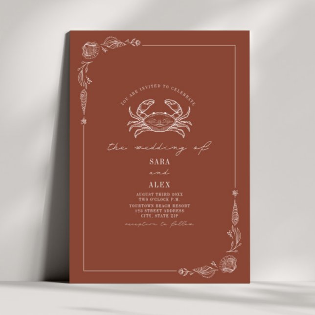 Line Art Rustic Terracotta Crab Beach Wedding  Invitation (Creator Uploaded)