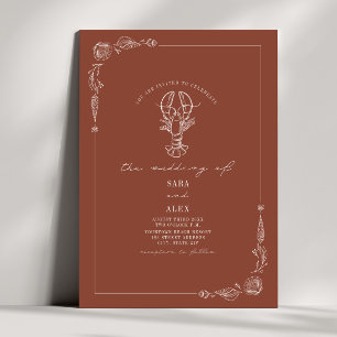 Line Art Rustic Terracotta Lobster Beach Wedding  Invitation