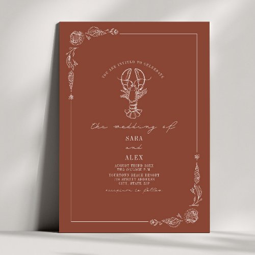 Line Art Rustic Terracotta Lobster Beach Wedding  Invitation