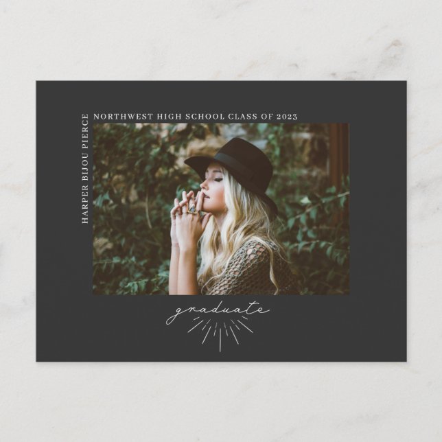 Line Art Script Graduation Photo Announcement Gray Postcard (Front)