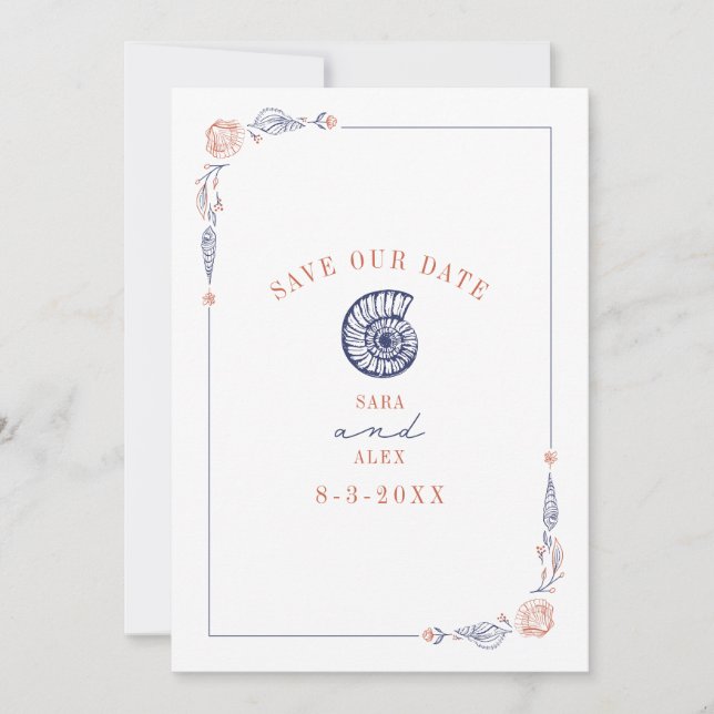 Line Art Seashell Red & Blue Rustic Beach Wedding Save The Date (Front)