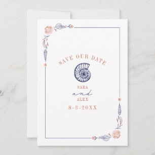 Line Art Seashell Red & Blue Rustic Beach Wedding Save The Date