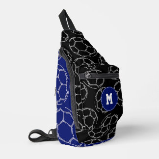 line art soccer balls on blue black color blocks sling bag