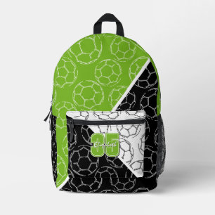 line art soccer balls on green black color blocks printed backpack