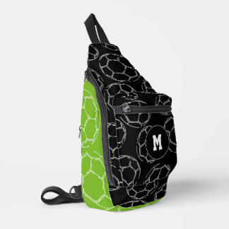line art soccer balls on green black color blocks sling bag