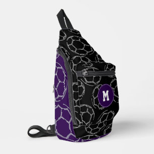 line art soccer balls on purple black color blocks sling bag