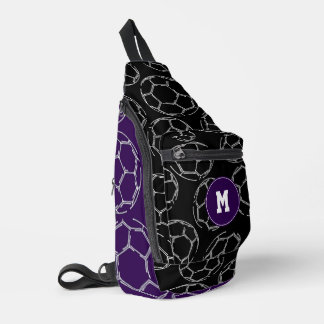 line art soccer balls on purple black color blocks sling bag
