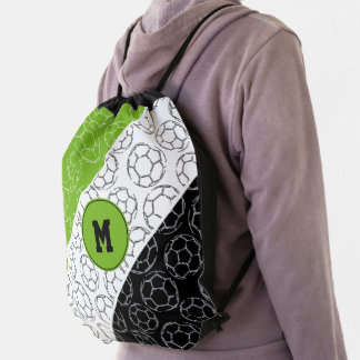 line art soccer balls pattern on green white black drawstring bag