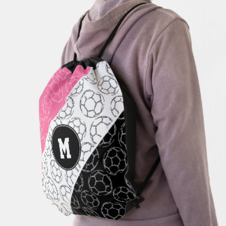 line art soccer balls pattern on pink white black drawstring bag