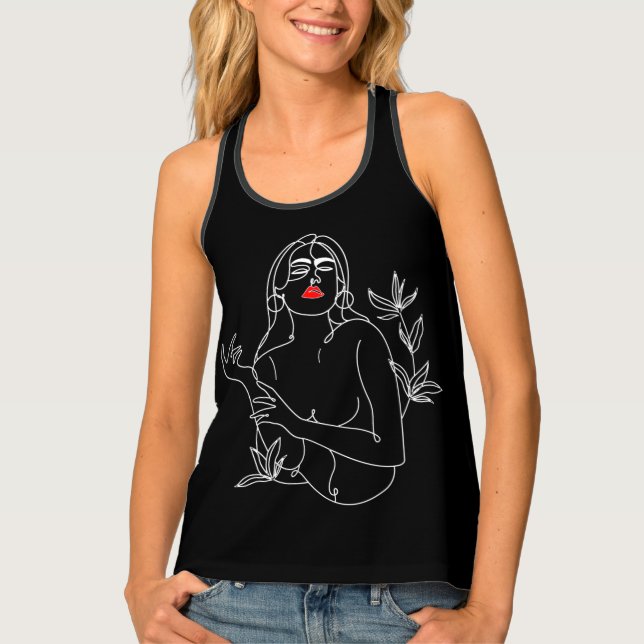 Line Art T-shirt illustration. Black and white wom (Front)