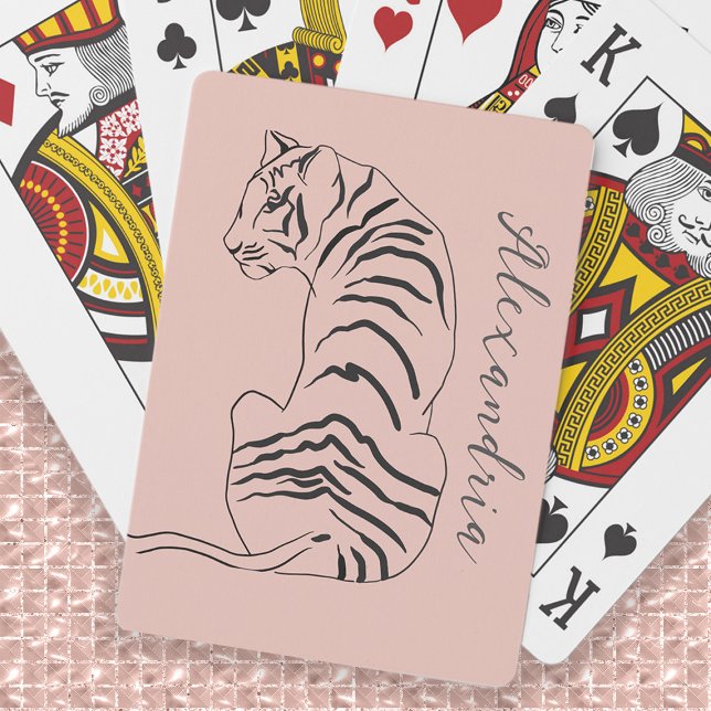 Line Art Tiger Blush Pink Name Poker Cards (Line art drawing tiger playing cards personalized with your name or any text you choose.)