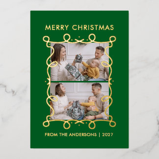 Line Art Tree Whimsical Frame 2 Photo Christmas Foil Holiday Card