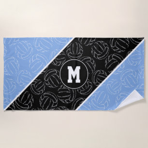 line art volleyballs pattern on light blue black beach towel