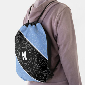 line art volleyballs pattern on light blue black drawstring bag