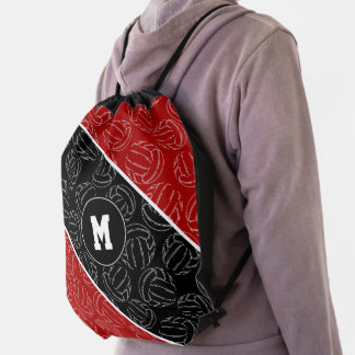 line art volleyballs pattern on red black drawstring bag
