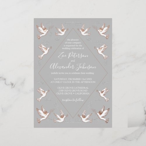 Line Art White Dove Olive Branch Real Foil Wedding Foil Invitation