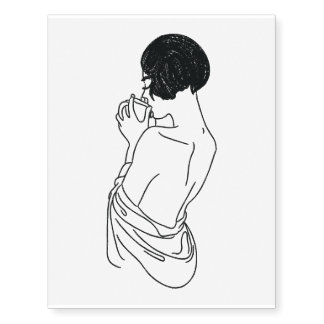 Line Art Woman Drinking Coffee Simple Minimalist Temporary Tattoos
