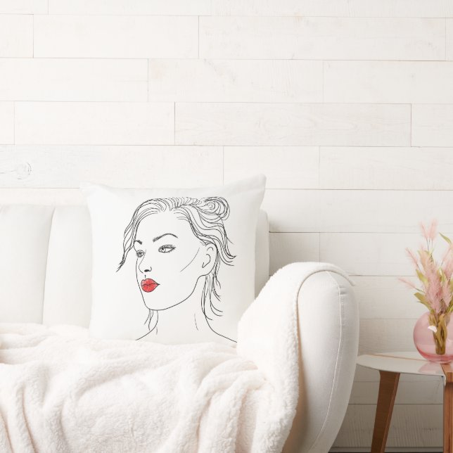 Line Art | Woman in Red Lipstick Throw Pillow (Couch)