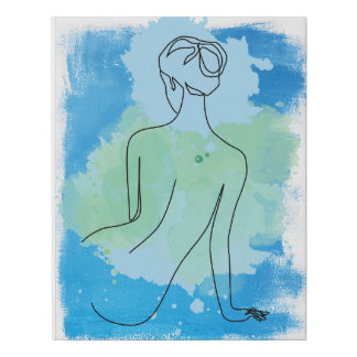 line art woman's silhouette on blue, green  faux canvas print