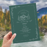 Line Art Woodland Mountain Dark Teal Wedding Invitation<br><div class="desc">Illustration of mountains with evergreen trees at top with line art botanical border.  Background is dark teal color.</div>