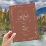 Line Art Woodland Mountain Terracotta Wedding Invitation<br><div class="desc">Illustration of mountains with evergreen trees at top with line art botanical border.  Background is terracotta color.</div>