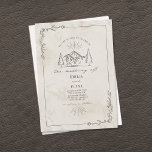 Line Art Woodland Mountain Wedding Invitation<br><div class="desc">Illustration of mountains with evergreen trees at top with line art botanical border.  Background is tan watercolor inspired.</div>
