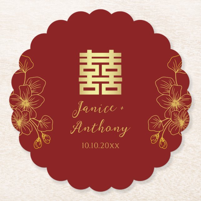 Line cherry blossom Chinese wedding double xi Paper Coaster (Front)