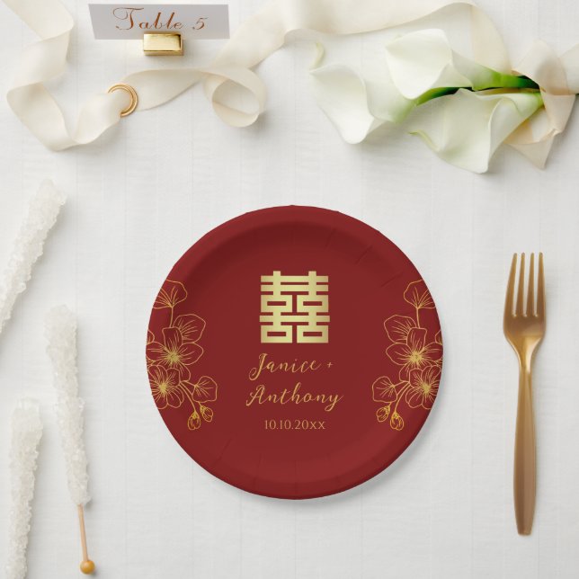 Line cherry blossom Chinese wedding double xi Paper Plates (Wedding)