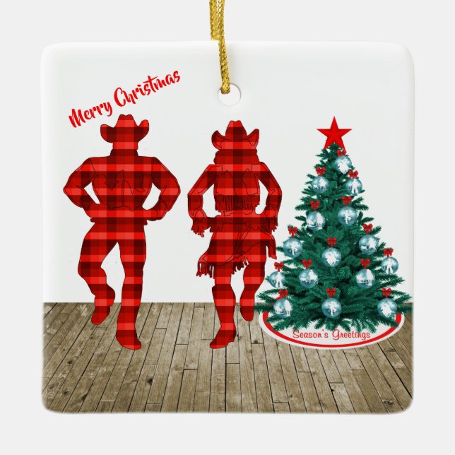 Line  Dancers  With Red Plaid Merry Christmas Ceramic Ornament (Front)