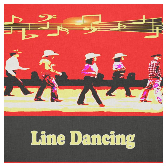 Line Dancing Western Group Red Black Yellow (Text) Fabric (Swatch)