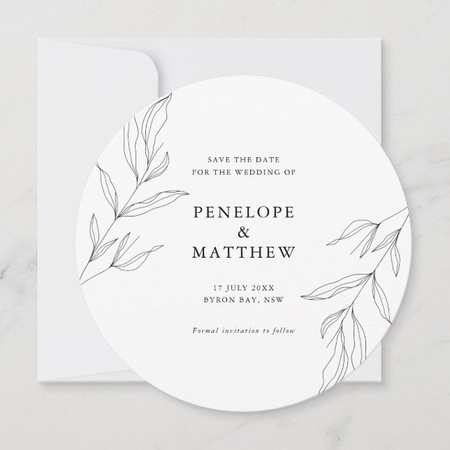 Line Drawing Foliage Leaf Round Wedding Invitation (Front)