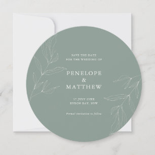 Line Drawing Foliage Sage Round Wedding Invitation