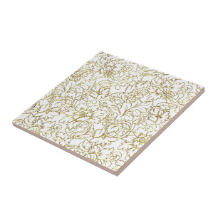 Line Drawing Gold Floral Damasks White Background Ceramic Tile