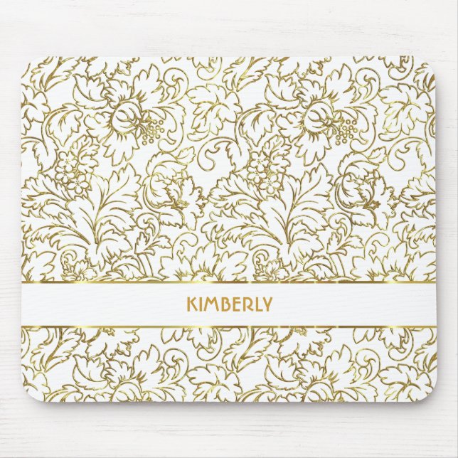 Line Drawing Gold Floral Damasks White Background Mouse Pad (Front)