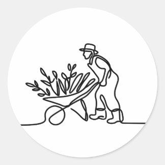 line drawing of a farmer or gardener classic round sticker