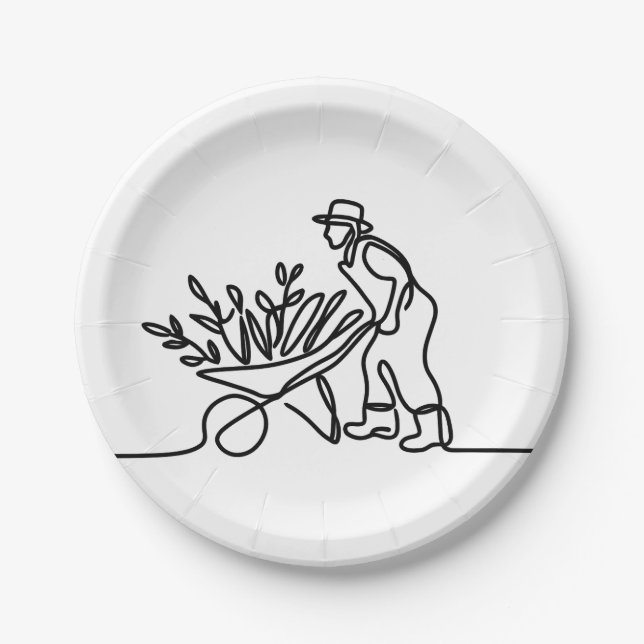 line drawing of a farmer or gardener paper plates (Front)