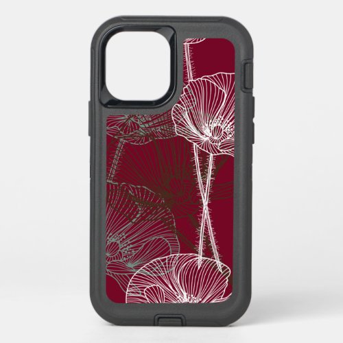 Line Drawing of Poppies on Dark Red OtterBox Defender iPhone 12 Case