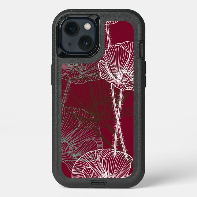 Line Drawing of Poppies on Dark Red OtterBox iPhone Case (Back)