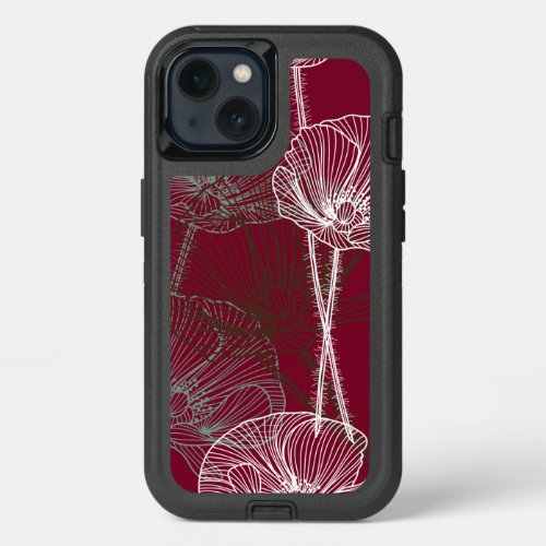 Line Drawing of Poppies on Dark Red OtterBox iPhone 13 Case