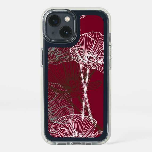 Line Drawing of Poppies on Dark Red Speck iPhone 13 Case (Front)